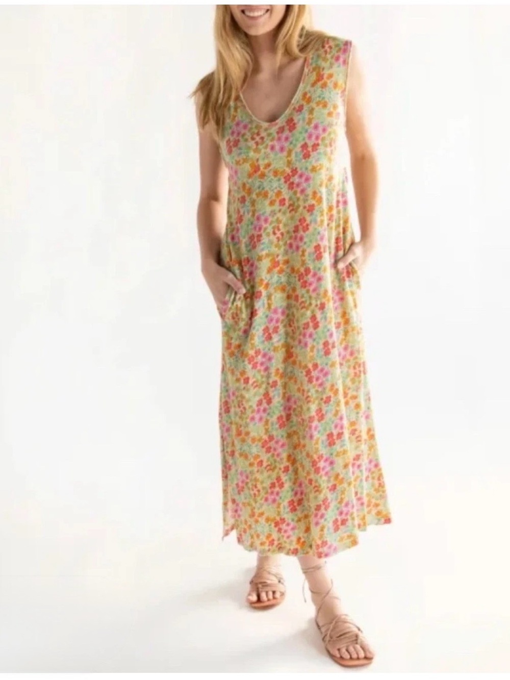 Natural Life Hangout Printed Knit Midi Dress Mustard Coral Floral Cotton Size M